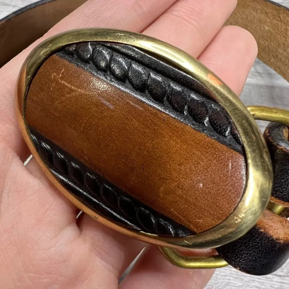 Vintage 80s Leather Brown Black Belt Baron Solid Bass Buckle